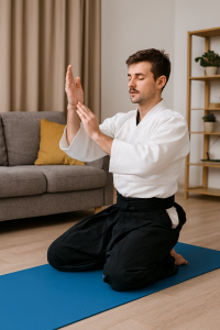 Evde mat üzerinde Aikido çalışması yapan bir öğrenci — Aikizen Dojo
